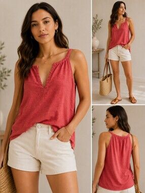 💙 GAP Coral Pink V-Neck Sleeveless Tank Linen Cotton Blend